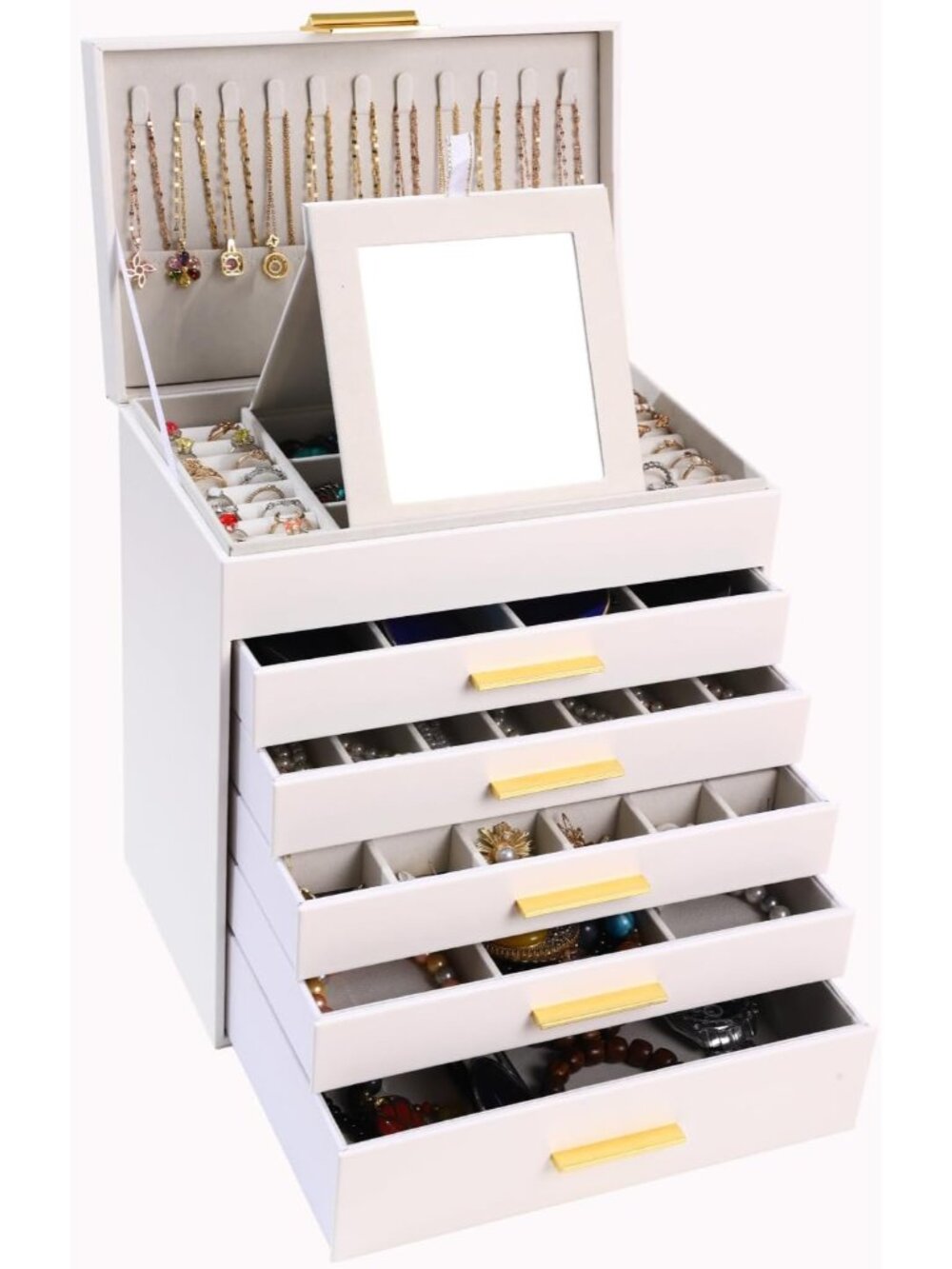 Luxurious White and Gold Jewelry Organizer with 6 Layers - Perfect Gift for Her